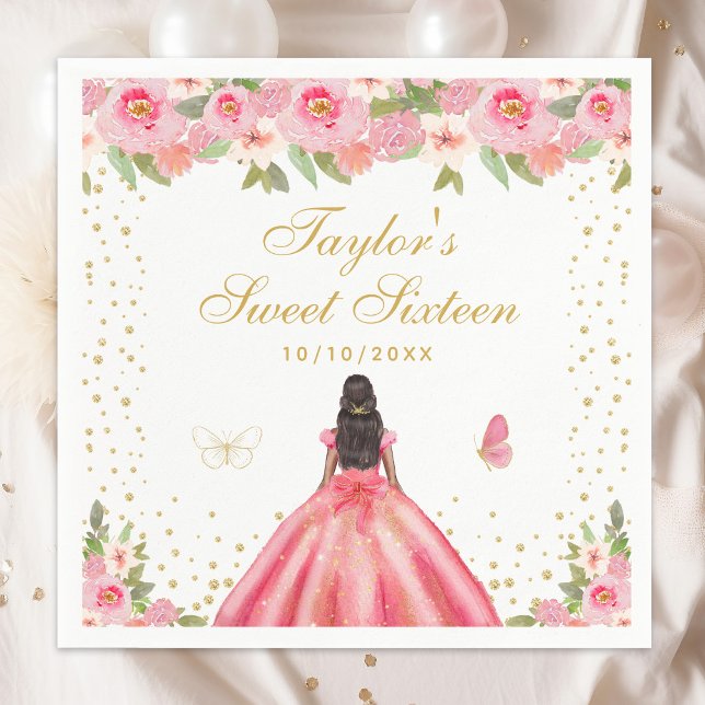 Pink Floral Dark Skin Princess Sweet Sixteen Napkin (Creator Uploaded)