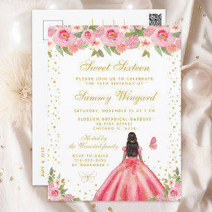 Pink Floral Dark Skin Princess Sweet Sixteen Postcard