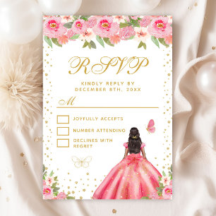 Pink Floral Dark Skin Princess Sweet Sixteen RSVP Card
