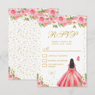 Pink Floral Dark Skin Princess Sweet Sixteen RSVP Card