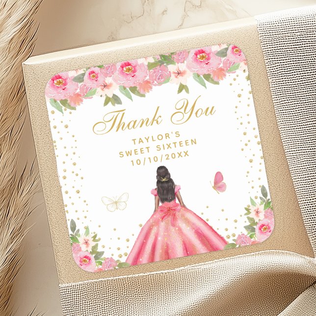 Pink Floral Dark Skin Princess Sweet Sixteen Square Sticker (Creator Uploaded)
