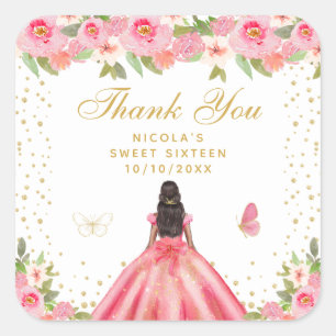 Pink Floral Dark Skin Princess Sweet Sixteen Square Sticker