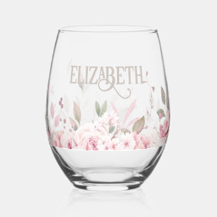 Pink Floral Decorative Frame with Name Stemless Wine Glass