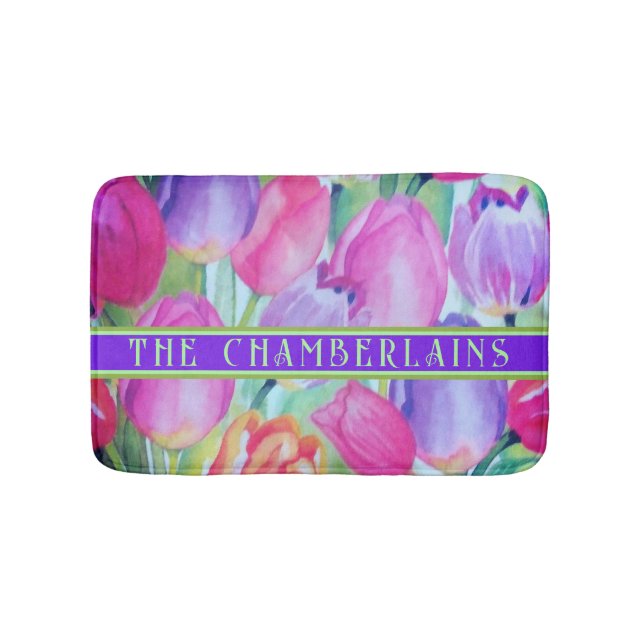 PINK Floral Decorative Green Text Bath Mat (Front)