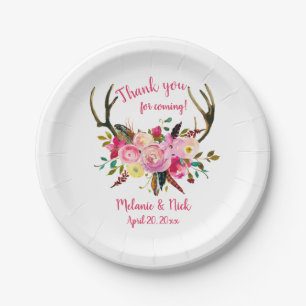 Pink floral deer antlers bridal shower decor paper plate