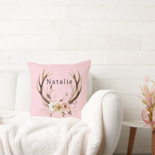 Pink Floral Deer Antlers Personalised Cushion