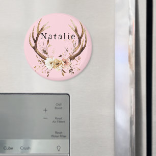 Pink Floral Deer Antlers Personalised Magnet