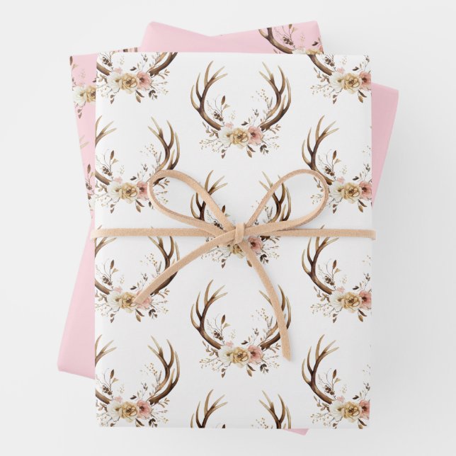Pink Floral Deer Antlers Personalised   Wrapping Paper Sheet (In situ)