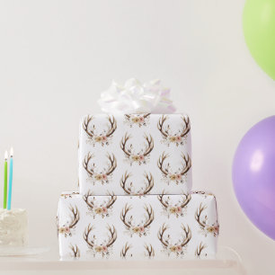 Pink Floral Deer Antlers Wrapping Paper