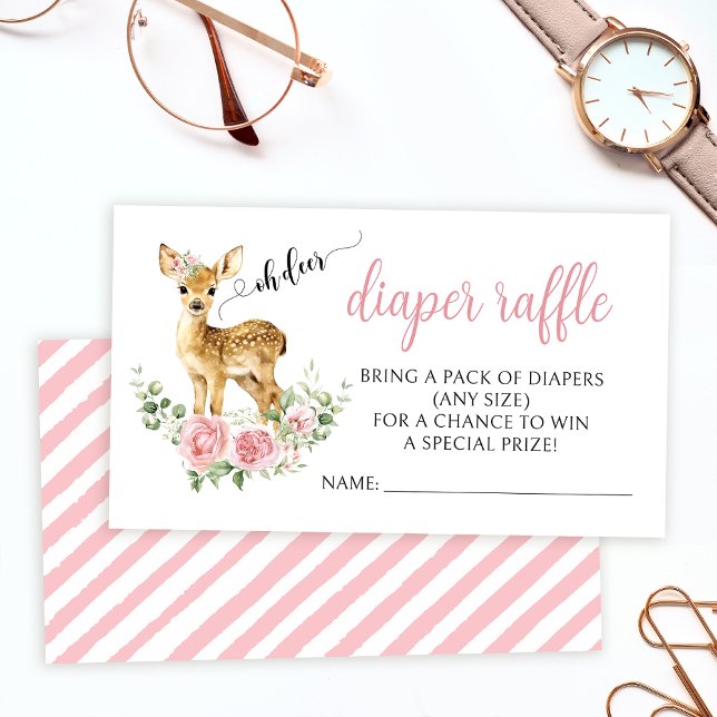Pink floral deer baby girl shower diaper raffle enclosure card (Creator Uploaded)