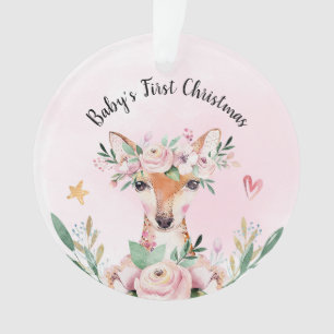 Pink Floral Deer Baby's First Christmas Ornament
