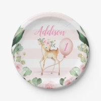 Pink Floral Deer Birthday Party Paper Plate