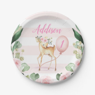 Pink Floral Deer Birthday Party Paper Plate