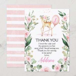 Pink Floral Deer Birthday Thank You Card