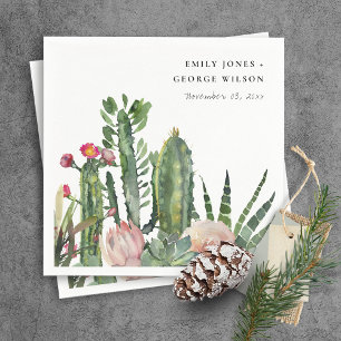 PINK FLORAL DESERT CACTI FAUNA WATERCOLOR WEDDING NAPKIN