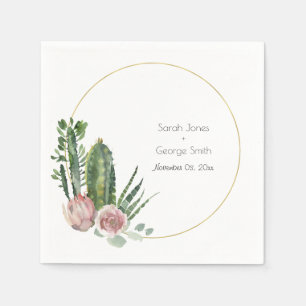 PINK FLORAL DESERT CACTI FAUNA WATERCOLOR WEDDING NAPKIN