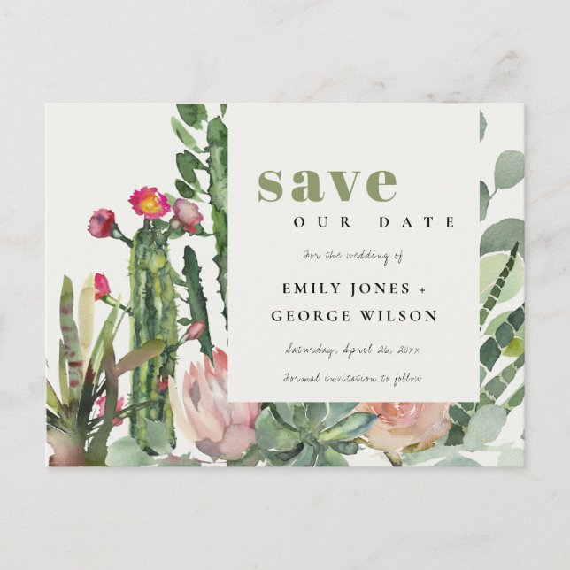 PINK FLORAL DESERT CACTI FOLIAGE SAVE THE DATE ANNOUNCEMENT POSTCARD (Front)