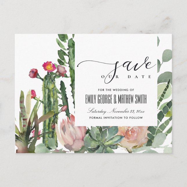 PINK FLORAL DESERT CACTI FOLIAGE SAVE THE DATE ANNOUNCEMENT POSTCARD (Front)