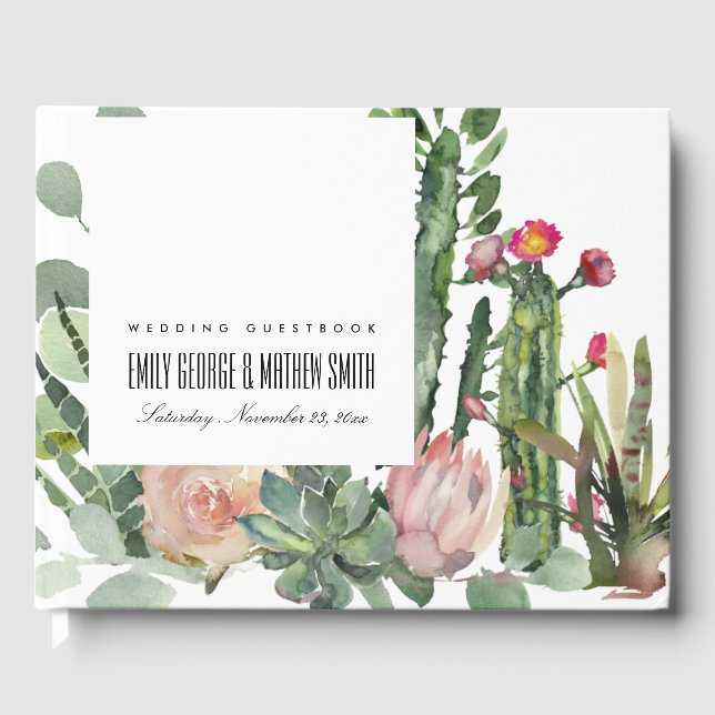 PINK FLORAL DESERT CACTI FOLIAGE  WATERCOLOR GUEST BOOK (Front)