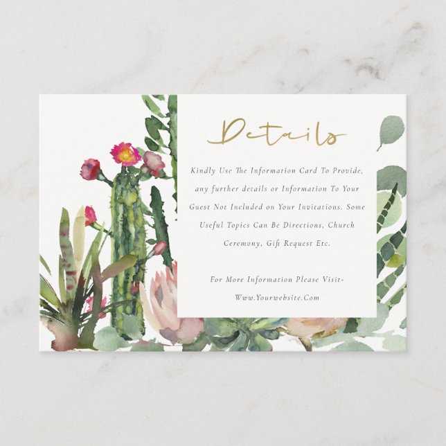 Pink Floral Desert Cacti Foliage Wedding Details Enclosure Card (Front)