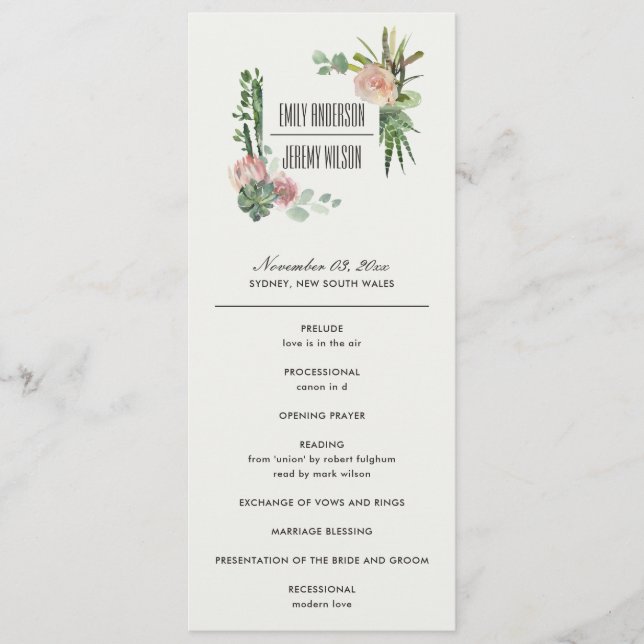 PINK FLORAL DESERT CACTI  WEDDING CEREMONY PROGRAM (Front)