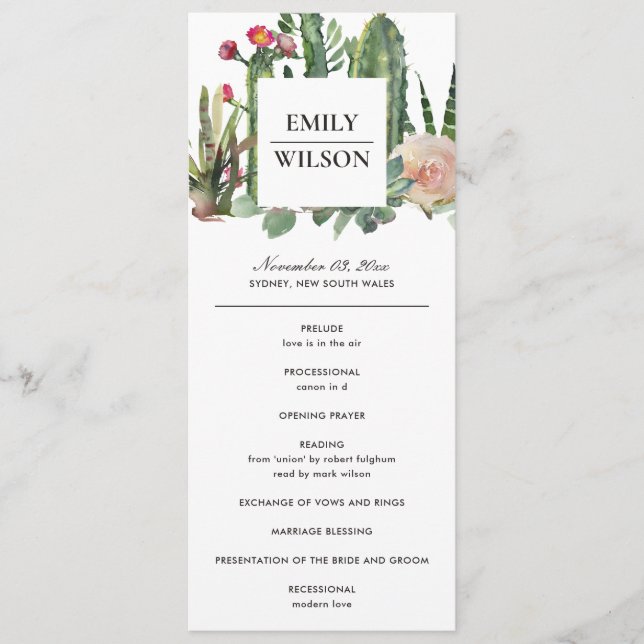 PINK FLORAL DESERT CACTI  WEDDING CEREMONY PROGRAM (Front)