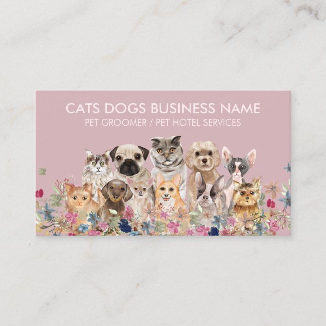 Pink Floral Design with Cats Dogs Business Card (Front)