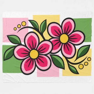 Pink Floral Design with Green Leaves Fleece Blanket