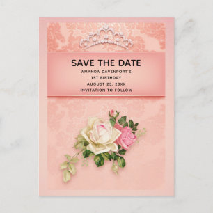 Pink floral & Diamond Tiara Princess Save the Date Invitation Postcard