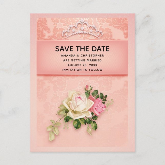Pink floral & Diamond Tiara Princess Wedding Invitation Postcard (Front)