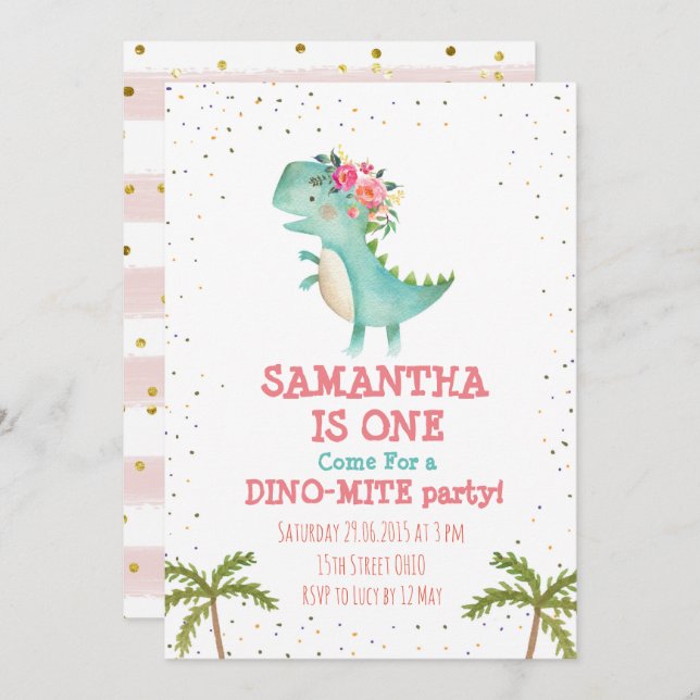Pink Floral Dino First Birthday Party Invite (Front/Back)