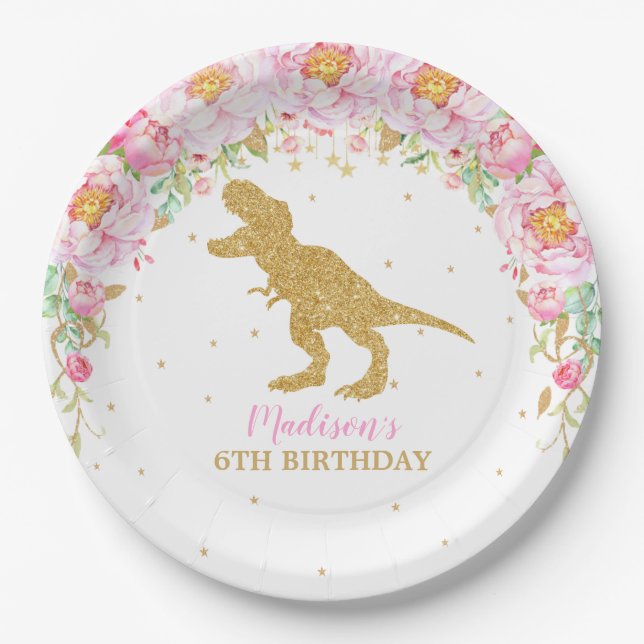 Pink Floral Dinosaur Birthday Party T-Rex Paper Plate (Front)