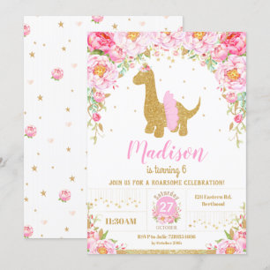 Pink Floral Dinosaur Brachiosaurus Birthday Girl Invitation