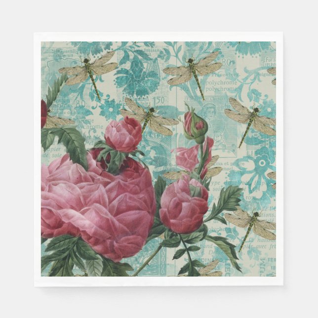 Pink Floral Dragonfly Ephemera Napkin (Front)