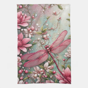 Pink Floral Dragonfly Kitchen Towel