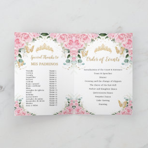 Pink Floral Dress Gold Quinceañera Order of Events Program