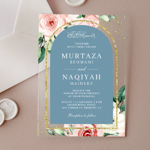 Pink Floral Dusty Blue Arch Muslim Wedding Acrylic Invitations