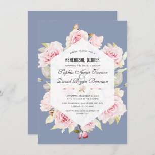 Pink Floral Dusty Blue Geometric Rehearsal Dinner Invitation