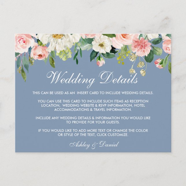 Pink Floral Dusty Blue Wedding Details Insert Card (Front)