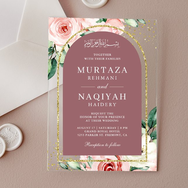 Pink Floral Dusty Rose Arch Muslim Wedding Acrylic Invitations (Creator Uploaded)