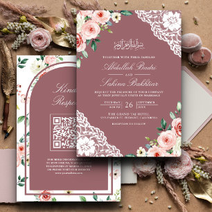 Pink Floral Dusty Rose Lace QR Code Muslim Wedding Invitation