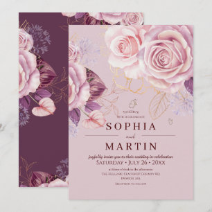 Pink Floral Dusty Roses Boho Wedding  Invitation