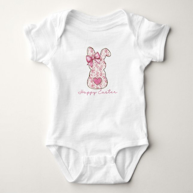 Pink Floral Easter Bunny Coquette Bow Baby Bodysuit (Front)
