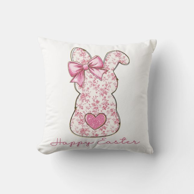 Pink Floral Easter Bunny Coquette Bow Cushion (Front)