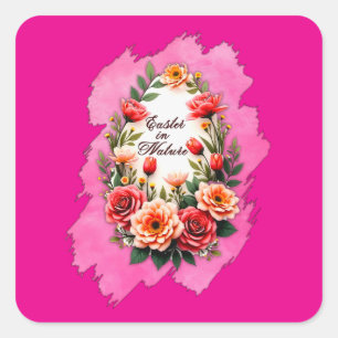 Pink Floral Easter Egg – Spring Art - Autocolante Square Sticker