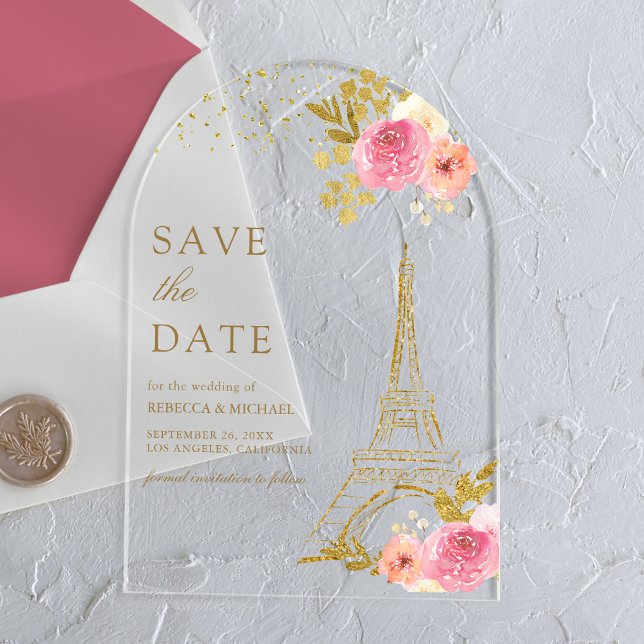 Pink Floral Eiffel Tower Wedding Save the Date Acrylic Invitations (Creator Uploaded)