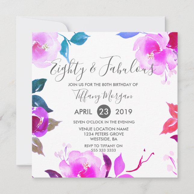 Pink Floral Eighty & Fabulous 80th Birthday Party Invitation (Front)
