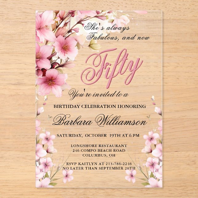 Pink Floral Elegance 50th & Fab Birthday Party Acrylic Invitations (Front)