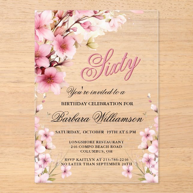 Pink Floral Elegance 60th Birthday Party Acrylic Invitations (Front)