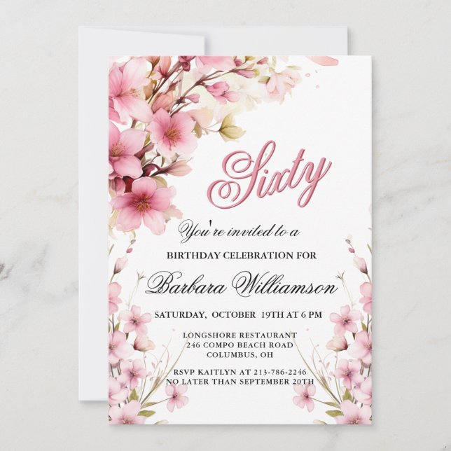 Pink Floral Elegance 60th Birthday Party Invitation (Front)